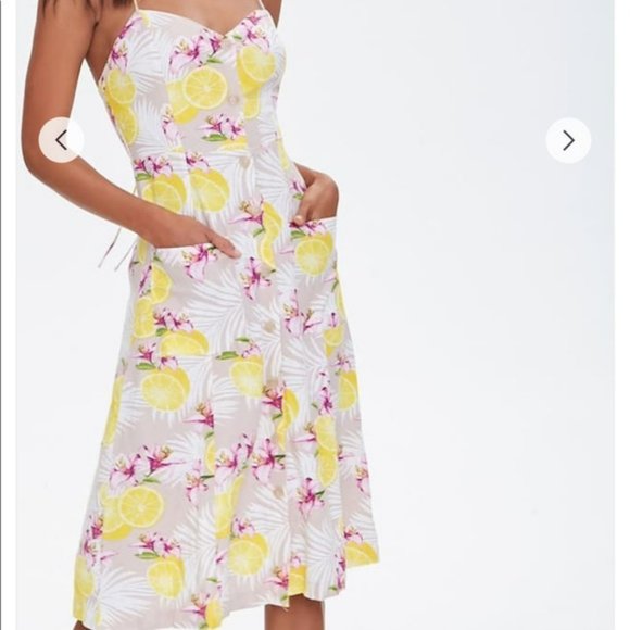 Forever 21 Dresses & Skirts - Forever 21 Tropical Lemon Leaf & Floral Print Button down midi spring dress SZ L